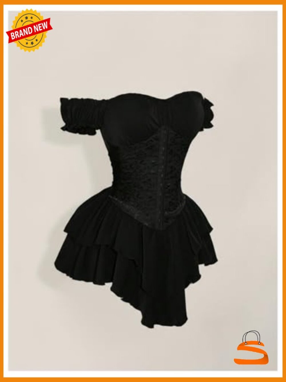 Off Shoulder Corset Dress Ruffle Hem Lace Up Mini Dress Gothic Lolita - Picture 4 of 5